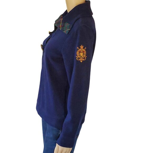 Ralph Lauren Sweater Womens M Knit Pullover Navy Blue Plaid Accent Toggle Button - Picture 11 of 12